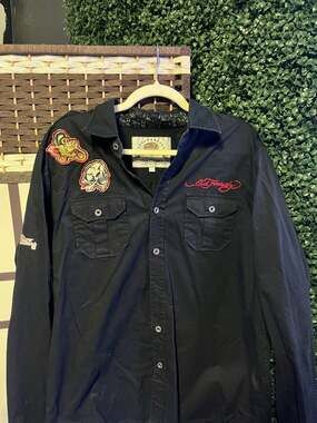 Vintage Ed Hardy by Christian Audigier Black Embroidered Patch Long Sleeve